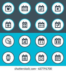 Vector Illustration Set Of Simple Time Icons. Elements Snowflake, Date Block, Leaf And Other Synonyms Gear, Reminder And Wheel.