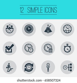 Vector Illustration Set Of Simple Time Icons. Elements Chronometer, Administrator, Progress And Other Synonyms Management, Day And Chronometer.