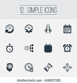 Vector Illustration Set Of Simple Time Icons. Elements Clock, Stopwatch, Meeting And Other Synonyms Coordination, Planner And Watch.
