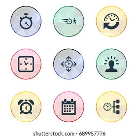 Vector Illustration Set Of Simple Time Icons. Elements Intellect, Recurrence, Stopwatch And Other Synonyms Man, Calendar And Arrow.