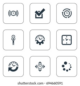 Vector Illustration Set Of Simple Time Icons. Elements Loading, Direction, Recurrence And Other Synonyms Period, Compatibility And Grade.