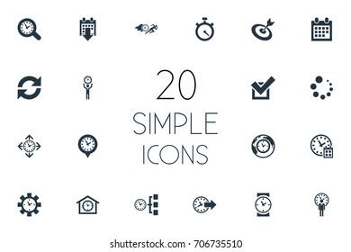Vector Illustration Set Of Simple Time Icons. Elements Clockwise, Goal, Planner And Other Synonyms Watch, Manager And Yes.