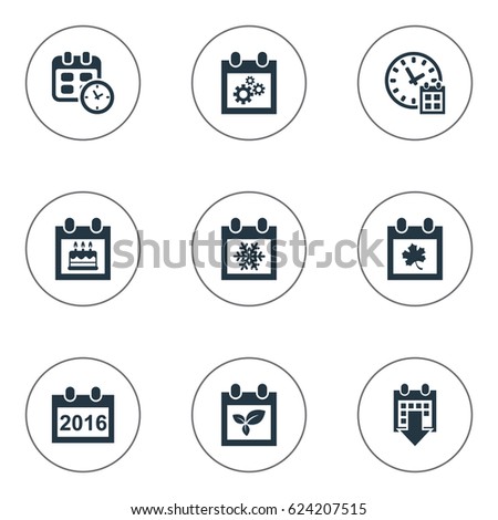 Vector Illustration Set Of Simple Time Icons. Elements Deadline, Date, 2016 Calendar And Other Synonyms Time, Calendar And Birthday.