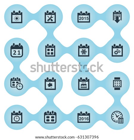Vector Illustration Set Of Simple Time Icons. Elements Renovation Tools, Agenda, 2016 Calendar And Other Synonyms Agenda, Almanac And History.