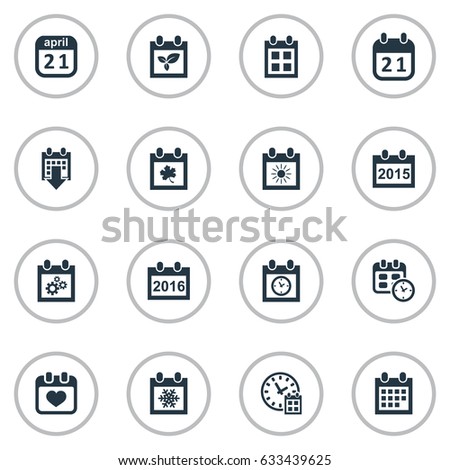 Vector Illustration Set Of Simple Time Icons. Elements Agenda, Leaf, Reminder And Other Synonyms Gear, Almanac And Spring.