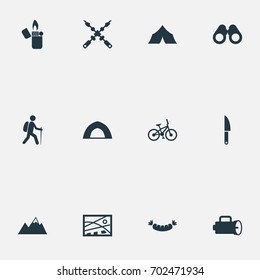 Vector Illustration Set Of Simple Tourism Icons. Elements Lantern, Field Glasses, Kebab And Other Synonyms Camper, Meat And Glasses.