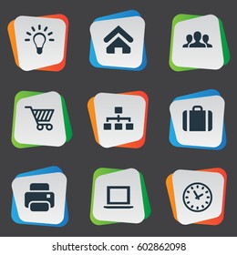 Vector Illustration Set Of Simple Trade Icons. Elements Trading Purse, Relationship, House Location And Other Synonyms Laptop, Relationship And Shopping.