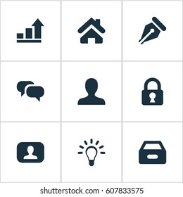 Vector Illustration Set Of Simple Trade Icons. Elements Dossier, Nib, Padlock And Other Synonyms Padlock, Lamp And User.
