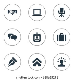 Vector Illustration Set Of Simple Trade Icons. Elements Nib, Computer, House Location And Other Synonyms Handshake, Portfolio And Office.