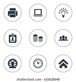 Vector Illustration Set Of Simple Trade Icons. Elements Hard Money, Bulb, Member And Other Synonyms Unity, Watch And Home.