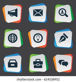 Vector Illustration Set Of Simple Trade Icons. Elements Chatting, Megaphone, Dossier And Other Synonyms Net, Magnifier And Bulb.