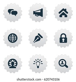 Vector Illustration Set Of Simple Trade Icons. Elements Padlock, Chatting, Lamp And Other Synonyms World, Search And Global.