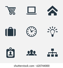Vector Illustration Set Of Simple Trade Icons. Elements Handbag, Trading Purse, Computer Synonyms Unity, Team And Cart.