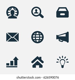 Vector Illustration Set Of Simple Trade Icons. Elements Human, Home, World And Other Synonyms Files, News And Magnifier.