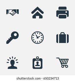 Vector Illustration Set Of Simple Trade Icons. Elements Clock, Trading Purse, User And Other Synonyms Key, Profile And Printer.