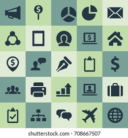 Vector Illustration Set Of Simple Trade Icons. Elements Progress, Pie Chart, Nib And Other Synonyms Speaking, Done And Complete.