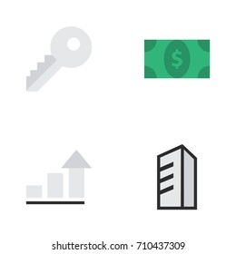 Vector Illustration Set Of Simple Trade Icons. Elements Growing, Apartment, Opening And Other Synonyms Diagram, Architecture And Growing.