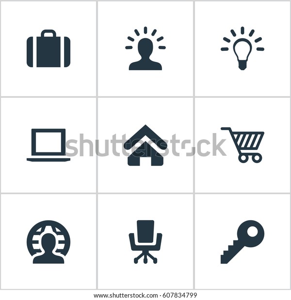 Vector Illustration Set Of Simple Trade Icons.\
Elements User, Computer, House Location And Other Synonyms Cart,\
Handbag And Laptop.