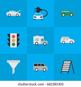 Vector Illustration Set Of Simple Traffic Icons. Elements Traffic Lights, Automobile, Suv And Other Synonyms Stairway, Auto And Minibus.