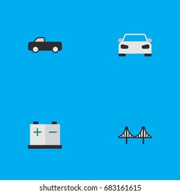 Vector Illustration Set Of Simple Traffic Icons. Elements Sport, Bridgework, Accumulator And Other Synonyms Bridge, Bridgework And Suv.