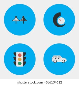 Vector Illustration Set Of Simple Traffic Icons. Elements Suv, Speedometer, Bridgework And Other Synonyms Chronometer, Jumper And Lighter.