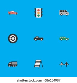 Vector Illustration Set Of Simple Traffic Icons. Elements Bridgework, Sedan, Coupe And Other Synonyms Sport, Circle And Minibus.