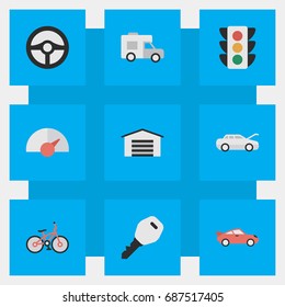 Vector Illustration Set Of Simple Traffic Icons. Elements Open, Recycle, Traffic Lights And Other Synonyms Speed, Lights And Van.