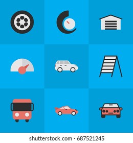 Vector Illustration Set Of Simple Traffic Icons. Elements Speedometer, Autobus, Stairs And Other Synonyms Circle, Chronometer And Delivery.