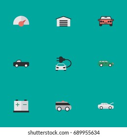 Vector Illustration Set Of Simple Traffic Icons. Elements Accumulator, Sedan, Charge And Other Synonyms Artillery, Auto And Garage.