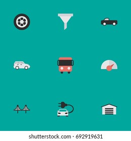 Vector Illustration Set Of Simple Traffic Icons. Elements Wheel, Bridgework, Shed And Other Synonyms Strainer, Crossover And Speedometer.