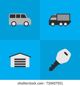 Vector Illustration Set Of Simple Traffic Icons. Elements Minibus, Shed, Open And Other Synonyms Lock, Garage And Shed.