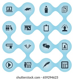 Vector Illustration Set Of Simple Training Icons. Elements Calligraphy, Encyclopedia, Literature And Other Synonyms Resume, Row And Bookmark.