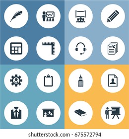 Vector Illustration Set Of Simple Training Icons. Elements Mathematics, Demonstration, List And Other Synonyms Education, Presentation And Library.