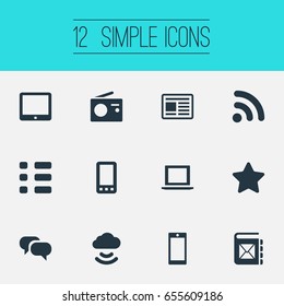 Vector Illustration Set Of Simple Transmission Icons. Elements Conversation, Notebook, Walkie And Other Synonyms Cellphone, Questionnaire And Mobile.