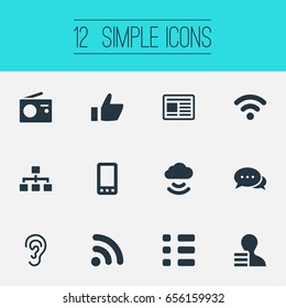 Vector Illustration Set Of Simple Transmission Icons. Elements Questionnaire, Remote Storage, Wireless Access And Other Synonyms Press, Chat And Smartphone.