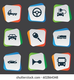 Vector Illustration Set Of Simple Transport Icons. Elements Car Charging, Klaxon, Repairing Service And Other Synonyms Key, Motorcar And Delivery.