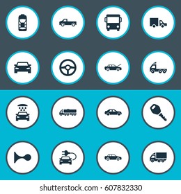 Vector Illustration Set Of Simple Transport Icons. Elements Camion, Traffic, Car Charging And Other Synonyms Parking, Automobile And Bus.