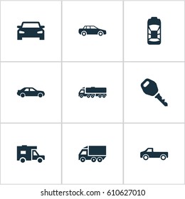 Vector Illustration Set Of Simple Transport Icons. Elements Key, Carriage, Driving And Other Synonyms Truck, Transportation And Cargo.