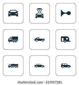 Vector Illustration Set Of Simple Transport Icons. Elements Haulage, Vehicle, Klaxon And Other Synonyms Delivery, Transport And Hatchback.