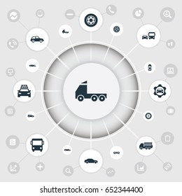 Vector Illustration Set Of Simple Transport Icons. Elements Rotation, Coupe, Charging And Other Synonyms Tuning, Taxi And Rally.