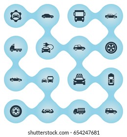 Vector Illustration Set Of Simple Transport Icons. Elements Vehicle, Nut, Tour Bus And Other Synonyms Mega, Trucks And Auto.