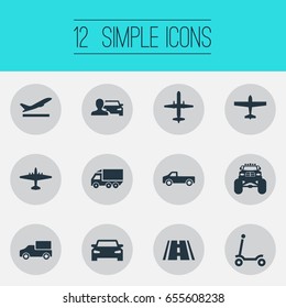 Vector Illustration Set Of Simple Transport Icons. Elements Aeration, Takeoff, Motor Lorry And Other Synonyms Suv, Pickup And Man.