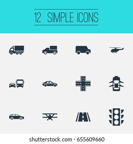 Vector Illustration Set Of Simple Transport Icons. Elements Aerocab, Semaphore, Carriage And Other Synonyms Car, Intersection And Cab.