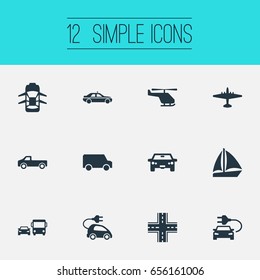 Vector Illustration Set Of Simple Transport Icons. Elements Aero, Electric Vehicle, Hybrid Auto And Other Synonyms Ecological, Electric And Chopper.
