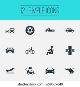 Vector Illustration Set Of Simple Transport Icons. Elements Chopper, Bike, Tire And Other Synonyms Traveler, Transportation And Helicopter.