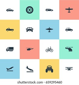 Vector Illustration Set Of Simple Transport Icons. Elements Cab, Motor, Downgrade And Other Synonyms Carriage, Airliner And Downgrade.