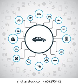 Vector Illustration Set Of Simple Transport Icons. Elements Bike, Plane, Small Automobile And Other Synonyms Jeep, Helicopter And Taxi.