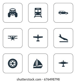Vector Illustration Set Of Simple Transport Icons. Elements Yacht, Truck, Metro And Other Synonyms Car, Plane And Metro.