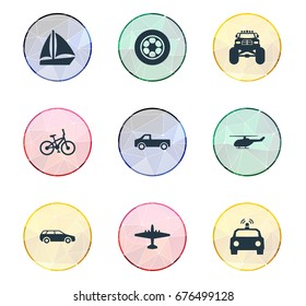 Vector Illustration Set Of Simple Transport Icons. Elements Police Car, Tire, Bike And Other Synonyms Airplane, Jeep And Chopper.