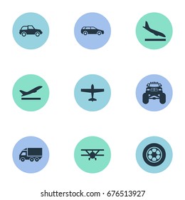 Vector Illustration Set Of Simple Transport Icons. Elements Tire, Carriage, Motor Lorry And Other Synonyms Van, Landing And Jet.